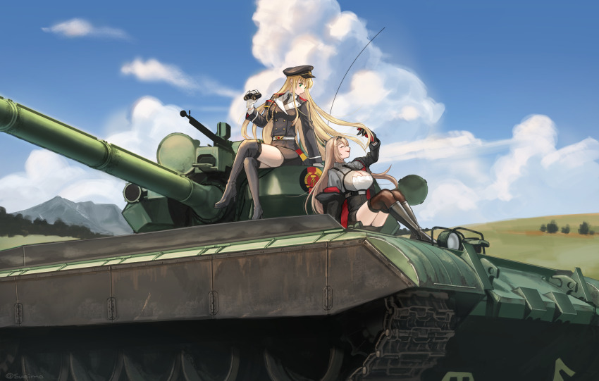 2girls absurdres binoculars blonde_hair blue_sky boots commission commissioner_upload day east_germany girls&#039;_frontline green_eyes hat highres kneehighs md5_mismatch military_hat military_uniform military_vehicle motor_vehicle multiple_girls outdoors scenery skeb_commission sky socks stg-940_(girls&#039;_frontline) stg44_(girls&#039;_frontline) sueimo t-55a tank wide_shot