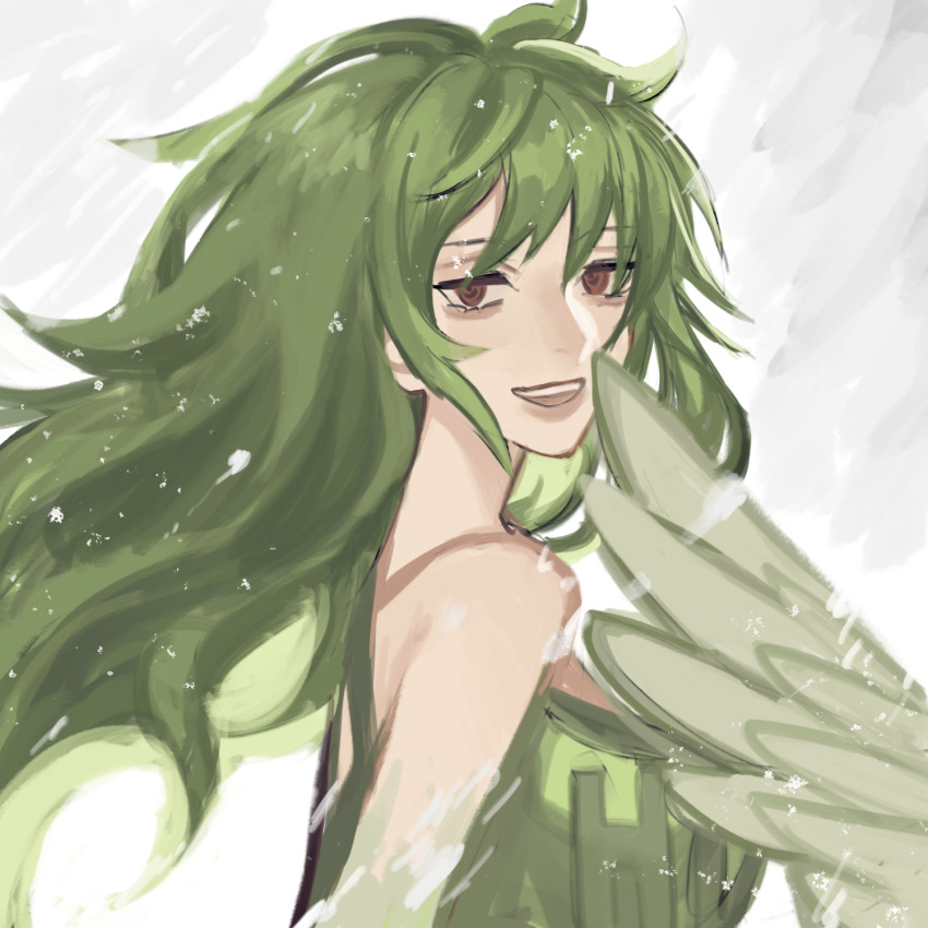 1girl 8h_kt bags_under_eyes bare_shoulders brown_eyes clothes_writing commentary_request feathered_wings feathers green_feathers green_hair green_tank_top harpy highres long_hair looking_at_viewer messy_hair monet_(one_piece) monster_girl one_piece open_mouth smile solo tank_top winged_arms wings