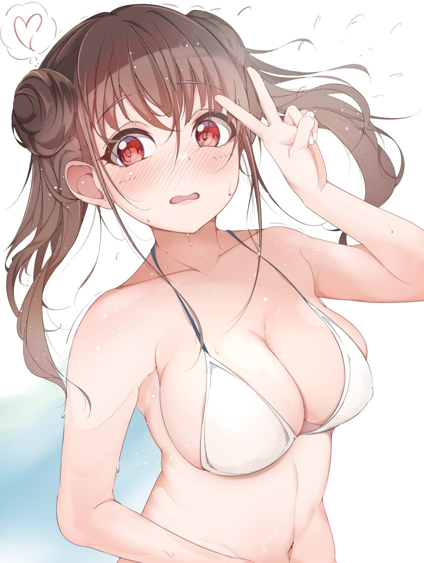 1girl absurdres bare_arms bare_shoulders bikini blush breasts brown_hair cleavage collarbone double_bun floating_hair hair_between_eyes hair_bun halterneck hand_up heart highres hii_(mzgu8388) idolmaster idolmaster_shiny_colors large_breasts long_hair looking_at_viewer navel nose_blush open_mouth red_eyes solo sonoda_chiyoko speech_bubble swimsuit thought_bubble twintails upper_body v wet white_bikini