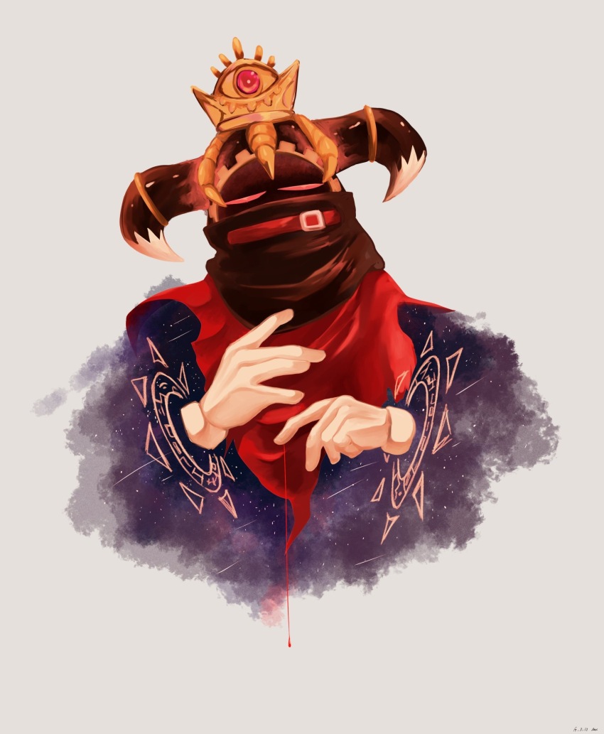 blood blood_drip blood_on_hands crown dated gloves highres horns kirby&#039;s_return_to_dream_land kirby_(series) magolor master_crown nintendo rayman_limbs red_eyes solo traitor_magolor user_cuvu3758 white_gloves