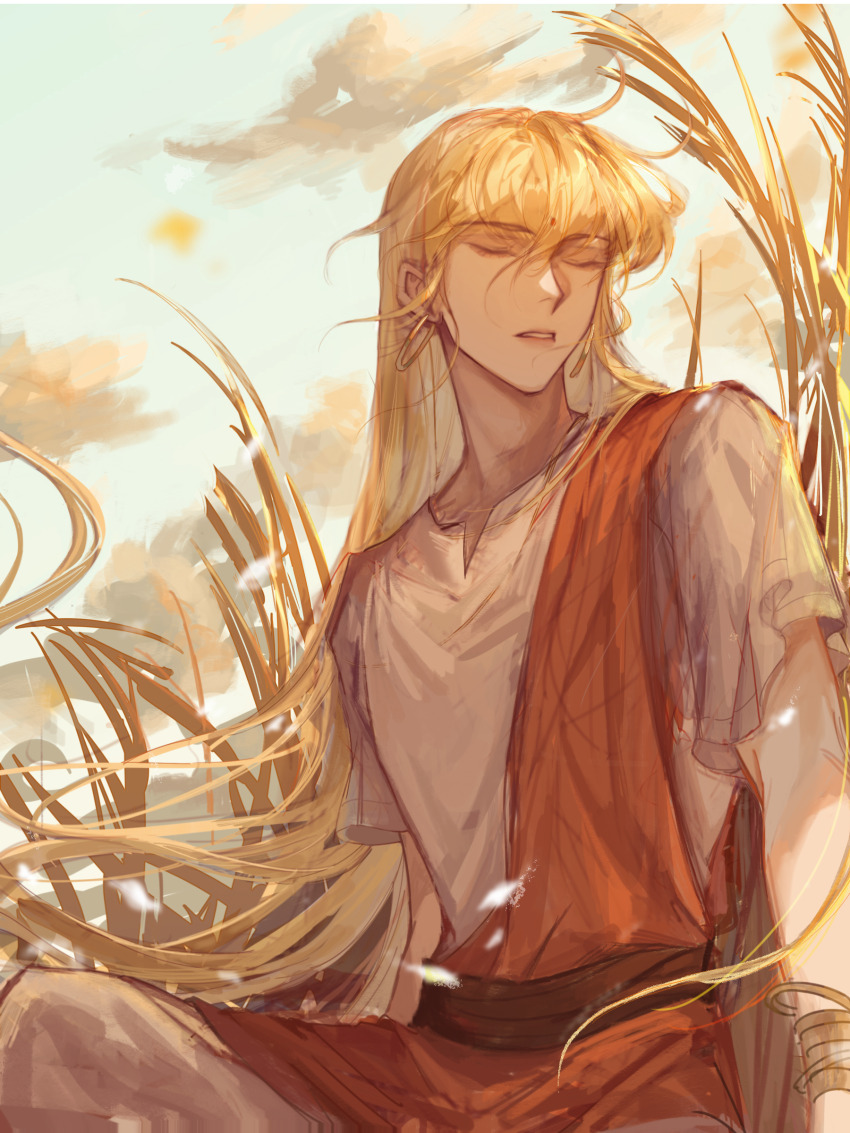 1boy absurdres blonde_hair bracelet brown_sash closed_eyes cloud earrings facial_mark facing_to_the_side feet_out_of_frame floating_hair forehead_mark hair_between_eyes highres hoop_earrings jewelry long_hair male_focus outdoors pants parted_lips red_sash saint_seiya sash shirt short_sleeves sidelighting sitting sky solo teeth very_long_hair virgo_shaka waist_sash wangling058 white_pants white_shirt white_sleeves