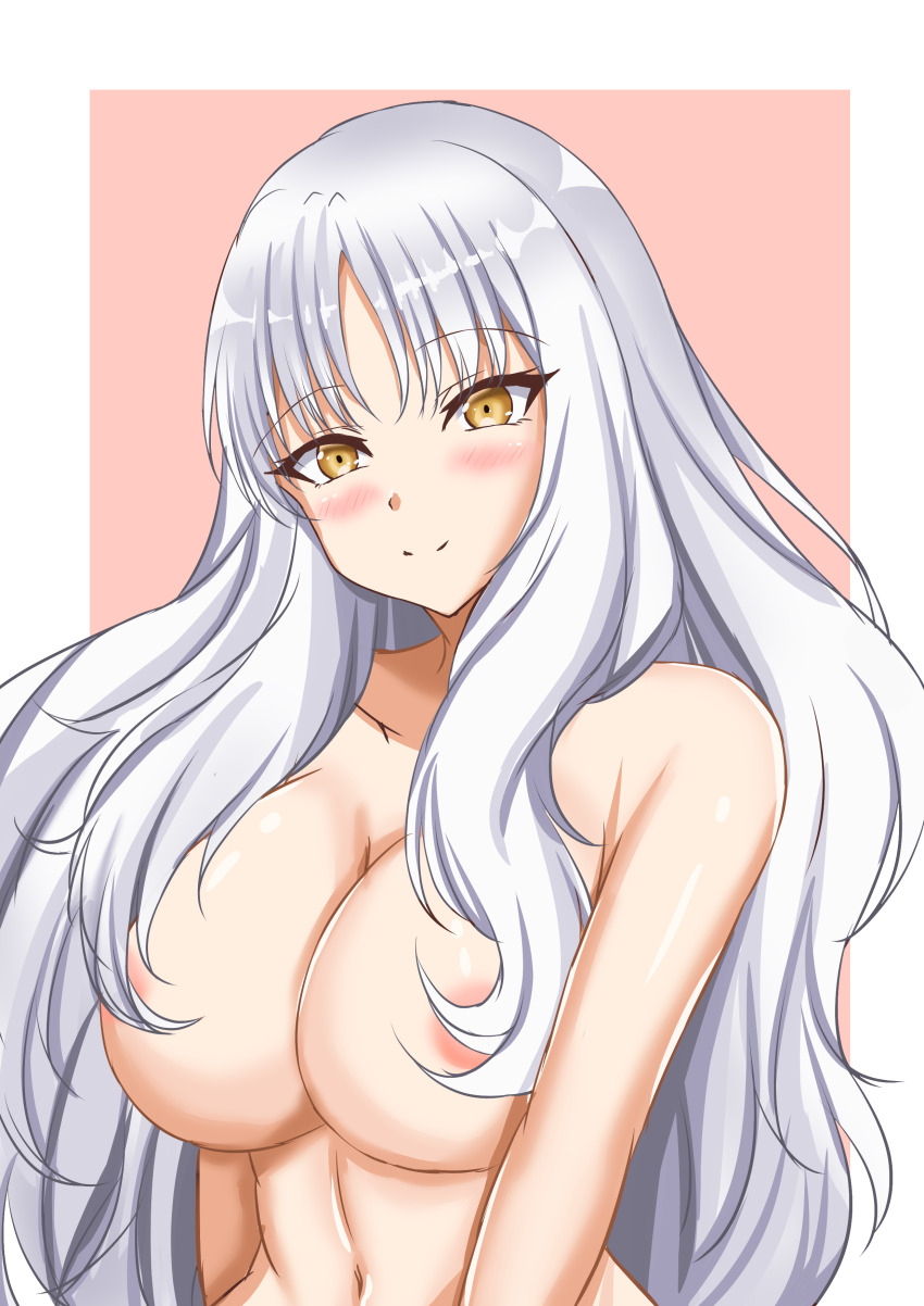 1girl absurdres alternate_breast_size blush breasts caren_hortensia fate/hollow_ataraxia fate_(series) highres large_breasts long_hair navel nude shinonome_kon_(sino_kon) smile solo tagme upper_body white_hair yellow_eyes