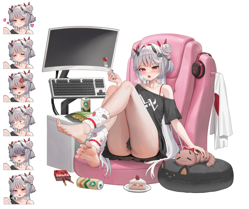 1girl absurdres ass barefoot black_horns black_nails black_shirt black_skirt blush cake cake_slice can chips_(food) collarbone colored_inner_hair commentary computer_keyboard double_bun english_commentary expression_chart feet flat_chest food fork full_body grey_hair hair_bun hair_intakes headphones highres horns indie_virtual_youtuber leg_warmers legs long_hair mai_rubee miniskirt monitor multicolored_hair nail_polish on_chair open_mouth pleated_skirt pocky potato_chips red_eyes red_hair refla shirt single_bare_shoulder sitting skirt soles spread_legs streaked_hair t-shirt thighs toenails toes tongue tongue_out unworn_headphones very_long_hair virtual_youtuber white_leg_warmers