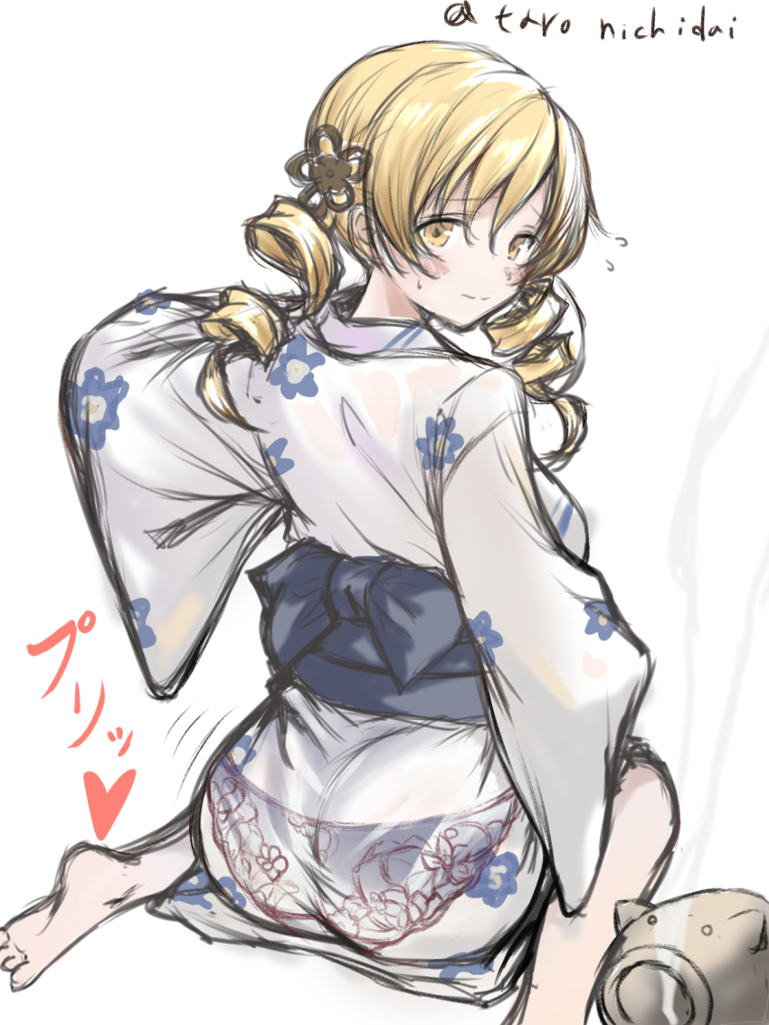 1girl ass black_panties blonde_hair blue_sash drill_hair from_behind highres japanese_clothes kimono looking_at_viewer looking_back mahou_shoujo_madoka_magica panties sash solo tomoe_mami twin_drills underwear ura47869454 white_background white_kimono yellow_eyes