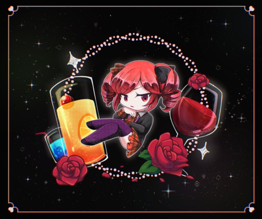 1girl alcohol ascot black_border black_bow black_footwear black_suit border bow cherry chibi chibi_only closed_mouth commentary drill_hair drinking_straw english_commentary flower food formal_clothes fruit hair_bow highres juice key_rhymee leaf looking_at_viewer orange_juice outer_glow plaid_ascot plaid_bow plaid_clothes plaid_skirt plaid_sleeves purple_thighhighs red_ascot red_bow red_eyes red_flower red_hair red_lips red_nails red_skirt red_sleeves rouge_(witch&#039;s_heart) skirt solo sparkle star_(sky) suit thighhighs twin_drills water wine witch&#039;s_heart