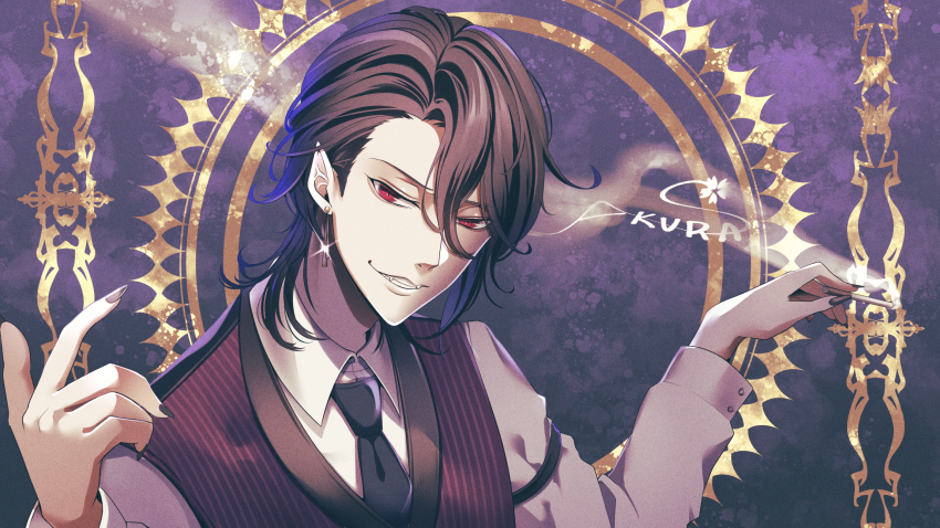1boy black_hair black_nails black_necktie black_vest cigarette collared_shirt commentary_request earrings fangs fingernails hair_between_eyes highres holding holding_cigarette jewelry looking_at_viewer male_focus necktie original red_eyes sakura_(0tjagjmgptjm) shirt signature smoke solo sparkle striped_clothes striped_vest vest white_shirt