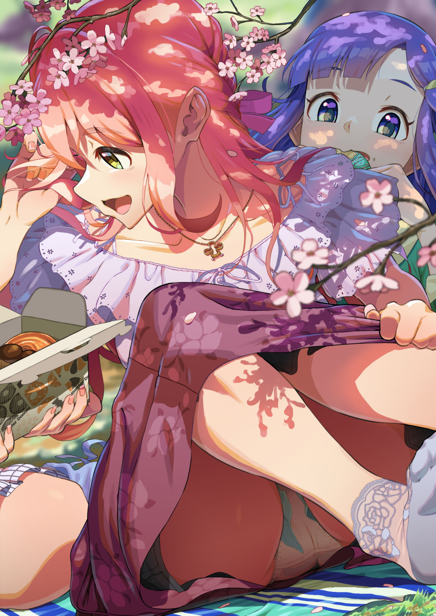 3girls absurdres adjusting_hair ahoge amatsu_amaguri bangs_pinned_back blanket blurry blurry_background blurry_foreground braid branch character_request choppy_bangs collarbone crotch_seam dappled_sunlight day depth_of_field donut feet_out_of_frame fingernails floral_print floral_print_skirt flower food frilled_shirt frills grass green_eyes grey_socks hair_ribbon hand_up highres holding holding_food idolmaster idolmaster_cinderella_girls knees_up lace lace-trimmed_socks lace_trim long_fingernails looking_at_food menstrual_pad multiple_girls nail_polish no_shoes on_blanket open_mouth orange_hair orange_nails out_of_frame outdoors panties pantyshot picot_trim_panties pink_ribbon print_skirt purple_eyes purple_hair purple_skirt ribbon saionji_kotoka shade shadow shirt short_sleeves sidelocks sitting skirt skirt_tug smile socks solo_focus striped_blanket sunlight tongue underwear white_panties white_shirt