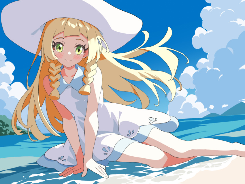 1girl arm_support beach blonde_hair blush braid cloud day dress female_focus green_eyes hat lillie_(pokemon) long_hair nintendo outdoors pokemon pokemon_sm sitting sky smile solo sun_hat sundress twintails two-tone_dress water white_dress white_hat yokoshima_akunusu yokozuwari