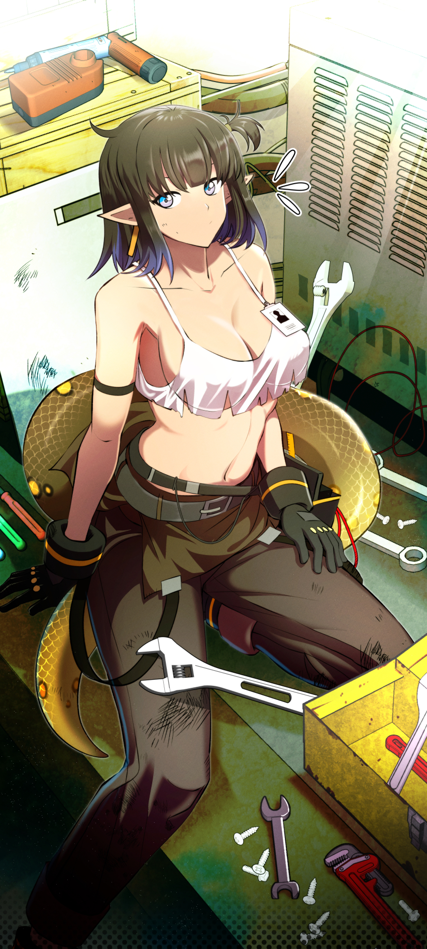 1girl absurdres arknights arm_strap bare_shoulders belt belt_buckle black_gloves black_hair blue_eyes breasts brown_pants buckle cleavage closed_mouth collarbone colored_tips crop_top cropped_shirt eunectes_(arknights) flying_sweatdrops gloves grey_belt hand_on_own_thigh highres indoors large_breasts looking_at_viewer midriff multicolored_hair navel pants pointy_ears purple_eyes purple_hair samacho scratches screw shirt short_hair sleeveless sleeveless_shirt solo streaked_hair tail toolbox torn_clothes torn_shirt white_shirt wrench