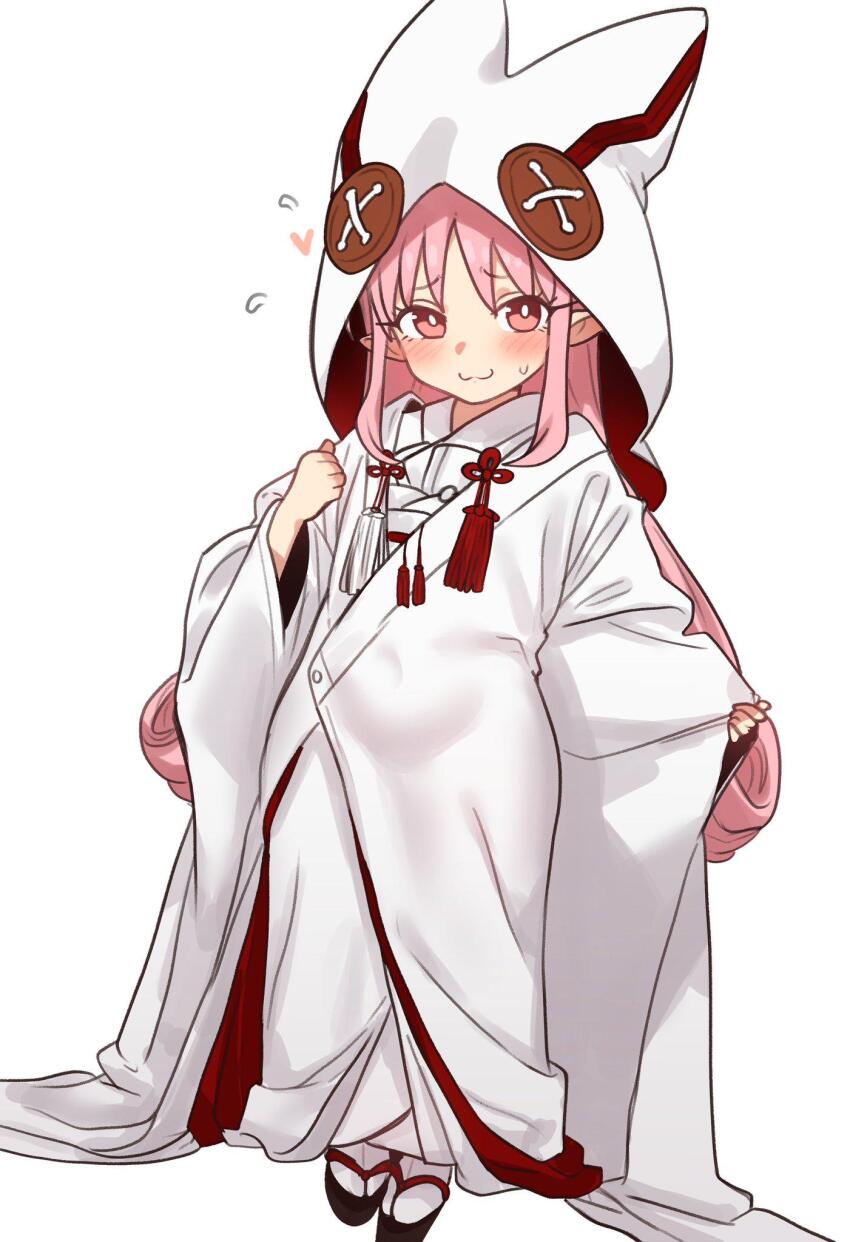 1girl :3 blush bride button_eyes buttons commission commissioner_upload ebora fate/grand_order fate_(series) habetrot_(fate) highres hood hooded_kimono japanese_clothes kimono long_hair pink_eyes pink_hair pointy_ears sidelocks solo sweatdrop tassel third-party_source uchikake wataboushi white_kimono