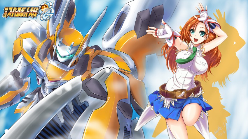 1girl aqua_eyes banpresto bare_shoulders belt blanche_neige_(mecha) blue_skirt breasts cliana_rimskaya cloud copyright_name donmalo earrings feathers fingerless_gloves frills gloves hair_ornament hairclip highres jewelry large_breasts long_hair looking_at_viewer mecha miniskirt necktie open_mouth orange_hair parted_bangs renreteya robot shirt skirt sky sleeveless sleeveless_shirt smile super_robot_wars super_robot_wars_destiny super_robot_wars_original_generation text_focus the_2nd_super_robot_wars_og tongue white_shirt
