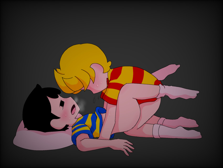2boys anal ass bare_legs black_hair blonde_hair blush child elementary_schoolboy highres humming legs lucas_(mother_3) male_focus mother_(series) mother_2 mother_3 mrsksigure multiple_boys ness_(mother_2) nintendo no_pants sex shirt shota socks striped_clothes striped_shirt super_smash_bros. yaoi