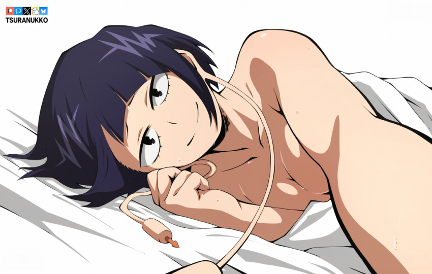1girl artist_name audio_jack bed_sheet black_eyes black_hair bluesky_logo boku_no_hero_academia closed_mouth fanbox_logo jiro_kyoka long_earlobes looking_at_viewer lying on_side patreon_logo pixiv_logo reaching reaching_towards_viewer smile solo sweat tsuranukko twitter_x_logo white_background