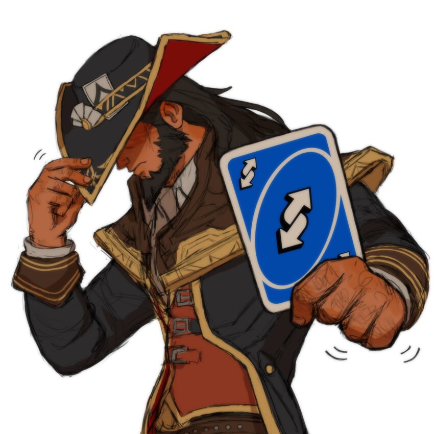 ... 1boy absurdres adjusting_clothes adjusting_headwear bara beard blush card covered_eyes dark-skinned_male dark_skin embarrassed eyebrow_cut facial_hair facial_scar hat_over_eyes highres holding holding_card implied_yaoi kirsch_(kirschetc) league_of_legends male_focus mature_male motion_lines scar scar_on_cheek scar_on_face short_hair twisted_fate uno_(game) uno_reverse_card