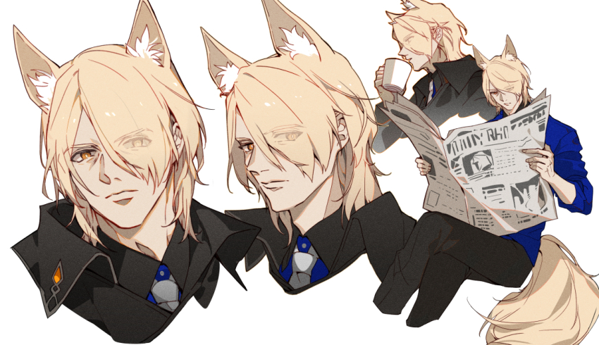 1boy animal_ear_fluff animal_ears arknights black_coat blonde_hair blue_shirt coat collared_shirt commentary cropped_legs cropped_torso cup drinking english_commentary frown hair_over_one_eye high_collar holding holding_cup holding_newspaper horse_boy horse_ears horse_tail lirica male_focus mlynar_(arknights) multiple_views necktie newspaper reading serious shirt simple_background sleeves_rolled_up tail white_background white_necktie yellow_eyes