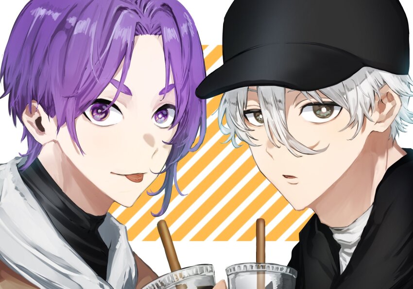 2boys :p baseball_cap black_headwear blue_lock bright_pupils commentary_request cup drinking_straw hair_between_eyes hat highres looking_at_viewer male_focus mikage_reo multiple_boys nagi_seishirou naka_(58hrprtr) open_mouth purple_eyes purple_hair short_hair thick_eyebrows tongue tongue_out turtleneck white_hair white_pupils