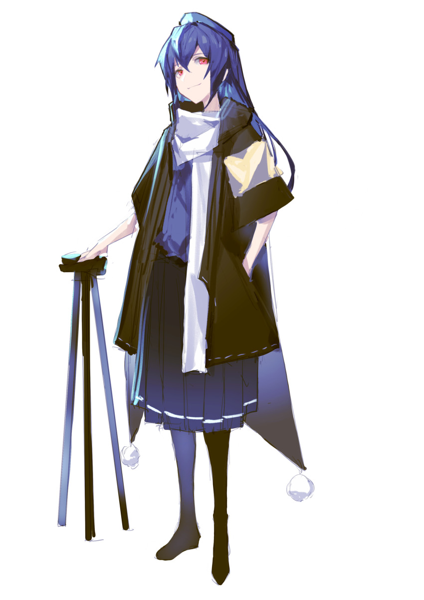 1girl absurdres alternate_costume black_cape black_jacket blue_hair blue_hat blue_pantyhose blue_shirt blue_skirt cape chinese_commentary closed_mouth commentary_request full_body hair_between_eyes hand_in_pocket hat highres holding holding_tripod iizunamaru_megumu jacket long_hair looking_at_viewer no_shoes open_clothes open_jacket pantyhose pleated_skirt pom_pom_(clothes) red_eyes scarf shirt short_sleeves simple_background skirt smile solo standing touhou tripod wb_yimo white_background white_scarf