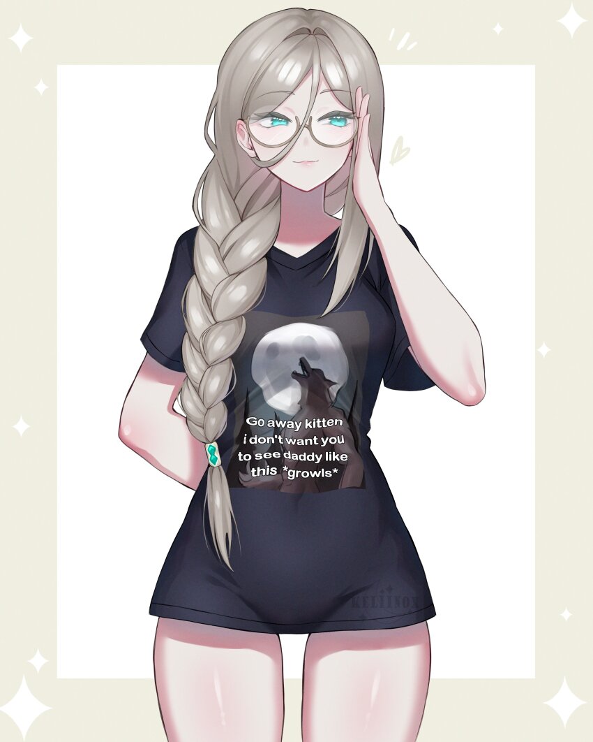 1girl :3 absurdres adjusting_eyewear aia_amare aqua_eyes arm_behind_back black_shirt blonde_hair braid clothes_writing cowboy_shot glasses hair_between_eyes highres keliinox long_hair naked_shirt nijisanji nijisanji_en photo-referenced shirt solo t-shirt thighs virtual_youtuber