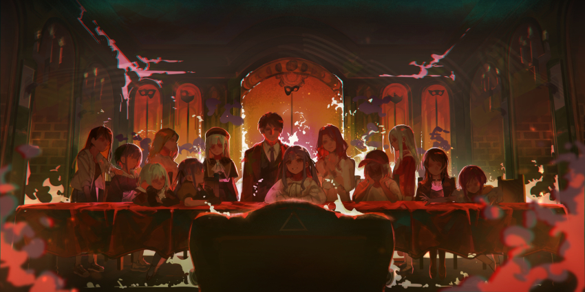 1boy 6+girls bang_dream! bang_dream!_it&#039;s_mygo!!!!! baseball_cap black_choker black_gloves black_jacket blue_dress blue_hair blue_hoodie brick_wall brown_hair choker collared_shirt commentary dress dual_persona english_commentary father_and_daughter fine_art_parody fire gloves green_hair grey_hair grey_shirt grin hair_ribbon hat highres hood hoodie indoors jacket kouhiipan long_hair long_sleeves mask misumi_uika mortis_(bang_dream!) mortis_(costume)_(bang_dream!) mortis_(persona)_(bang_dream!) mother_and_daughter multiple_girls nagasaki_soyo necktie oblivionis_(bang_dream!) off-shoulder_shirt off_shoulder parody purple_hair red_hat ribbon shiina_taki shirt short_hair short_sleeves sitting smile standing suit_jacket table takamatsu_tomori the_last_supper togawa_kiyotsugu togawa_mizuho togawa_sakiko two_side_up unworn_mask wakaba_mutsumi white_shirt yahata_umiri yuutenji_nyamu