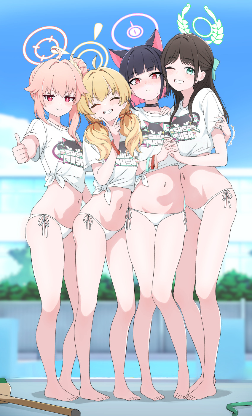 4girls absurdres after-school_sweets_club_(blue_archive) ahoge airi_(band)_(blue_archive) airi_(blue_archive) animal_ears barefoot bikini black_choker blonde_hair blue_archive brown_hair cat_ears choker closed_eyes closed_mouth colored_inner_hair green_eyes grin hair_bun hair_ribbon halo highres holding_hands interlocked_fingers kazusa_(band)_(blue_archive) kazusa_(blue_archive) long_hair multicolored_hair multiple_girls nakaoka_ramu natsu_(band)_(blue_archive) natsu_(blue_archive) navel one_eye_closed pink_hair pink_halo red_eyes red_ribbon ribbon shirt short_hair short_sleeves side-tie_bikini_bottom single_side_bun smile standing swimsuit t-shirt thumbs_up tied_shirt white_background white_bikini yellow_halo yoshimi_(band)_(blue_archive) yoshimi_(blue_archive)