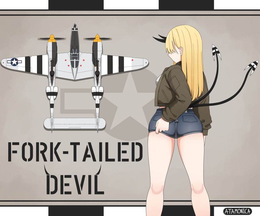 1girl aircraft airplane artist_name ass_zipper atamonica blonde_hair blue_shorts brown_jacket commentary cropped_jacket demon_girl demon_horns demon_tail denim denim_shorts english_commentary english_text feet_out_of_frame from_behind highres horns invasion_stripes jacket long_hair military_vehicle multiple_tails open_clothes open_jacket original p-38_lightning personification propeller_fighter short_shorts shorts shorts_lift solo tail united_states_air_force vehicle_and_personification