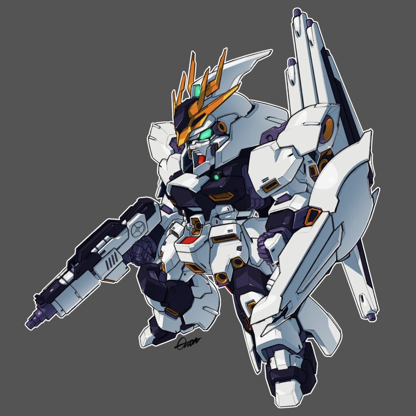 beam_rifle char&#039;s_counterattack chibi commentary energy_gun fin_funnels fusion green_eyes grey_background gun gundam highres holding holding_gun holding_weapon korean_commentary mecha mobile_suit no_humans nu_gundam robot sazabi science_fiction sd_gundam shield signature solo toilobo v-fin weapon