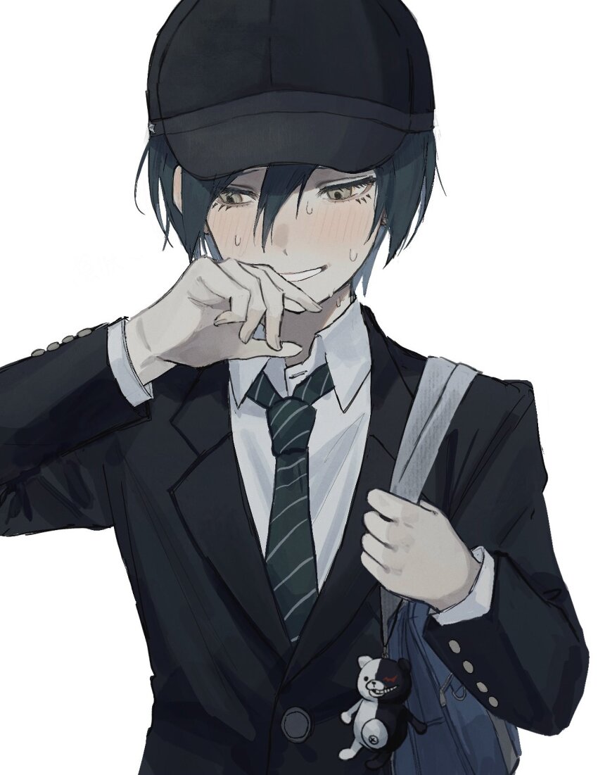 1boy bag black_hair black_jacket blush buttons character_doll danganronpa_(series) danganronpa_v3:_killing_harmony hair_between_eyes hazel_eyes highres jacket long_sleeves male_focus monokuma saihara_shuichi shirt short_hair smile suyaya_uxu sweat white_background