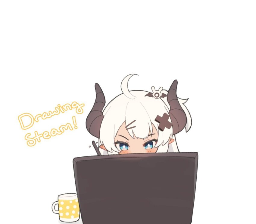 1girl ahoge asagawa_mikan asagawa_mikan_(peachy_michi) blue_eyes blush fang hair_ornament long_hair looking_at_viewer open_mouth original pointy_ears shirt short_hair simple_background skin_fang smile solo virtual_youtuber white_background white_hair working