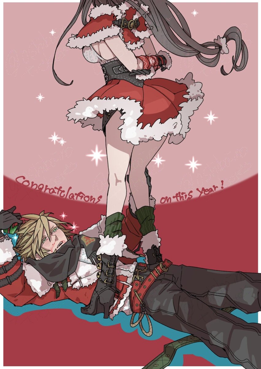 1boy 1girl arms_behind_back backless_outfit belt black_gloves black_hair black_pants blonde_hair blood blue_eyes blush boots box breasts cape capelet christmas christmas_present cloud_strife cloud_strife_(holiday_outfit) commentary_request couple feet_out_of_frame final_fantasy final_fantasy_vii final_fantasy_vii_ever_crisis fur-trimmed_capelet fur-trimmed_footwear fur-trimmed_gloves fur-trimmed_jacket fur-trimmed_skirt fur_trim gift gift_box gloves green_socks hair_ornament hand_on_another&#039;s_leg highres holding holding_gift jacket kneepits large_breasts long_hair looking_up low-tied_long_hair lying miniskirt nosebleed official_alternate_costume on_back open_clothes open_jacket open_mouth oshibainoticket pants pom_pom_(clothes) pom_pom_hair_ornament red_cape red_jacket red_skirt ribbed_sweater santa_costume sideboob skirt sleeveless sleeveless_turtleneck socks sparkle spiked_hair standing sweater thighs tifa_lockhart tifa_lockhart_(fairy_of_the_holy_flame) turtleneck turtleneck_sweater white_sweater