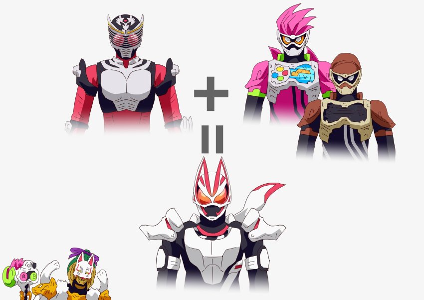 5boys armor bodysuit dragon eastern_dragon fox fox_mask gashacon_breaker hammer highres kamen_rider kamen_rider_ex-aid kamen_rider_ex-aid_(series) kamen_rider_geats kamen_rider_geats_(series) kamen_rider_ryuki kamen_rider_ryuki_(series) kitsune kyuemon_izayoi mask math mecha_pilot_suit mighty_action_x_level_2 multiple_boys otokamu pink_bodysuit plugsuit_(evangelion) red_bodysuit ride_player scarf shuriken_sentai_ninninger super_sentai trait_connection upper_body white_armor white_background white_scarf