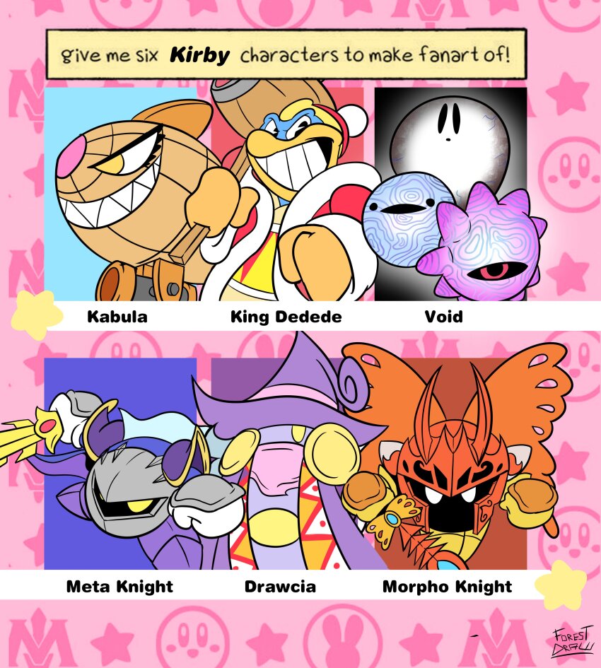 absurdres armor butterfly_wings character_name drawcia galaxia_(sword) gloves hat highres holding holding_sword holding_weapon insect_wings kabula king_dedede kirby:_star_allies kirby_(series) kirby_canvas_curse looking_at_viewer mask meta_knight morpho_knight multiple_drawing_challenge nintendo pauldrons pink_background pom_pom_(clothes) shoulder_armor signature six_fanarts_challenge star_(symbol) sword teeth uncle_forest void_(kirby) void_soul void_termina weapon white_gloves wings witch_hat yellow_eyes yellow_gloves