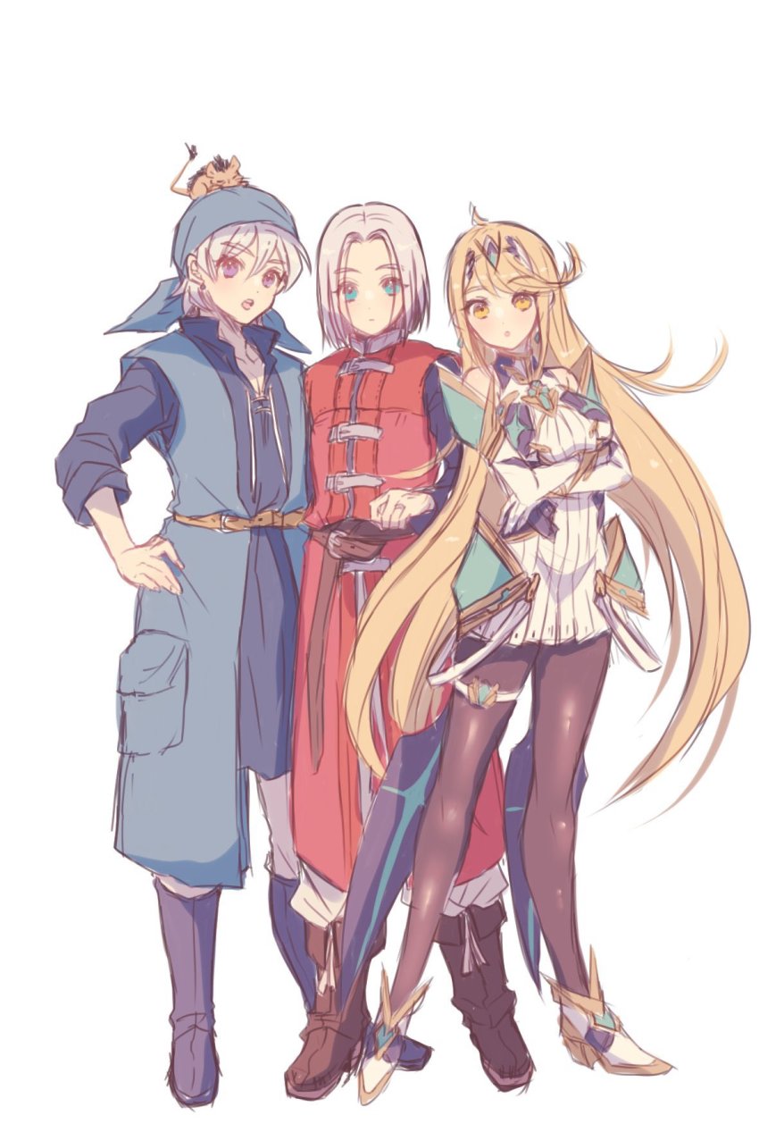 1girl 2boys bare_shoulders black_pantyhose blonde_hair breasts chest_jewel dragon_quest dragon_quest_viii dragon_quest_xi dress earrings floating_earrings gloves hair_ornament hair_ribbon hand_tattoo headpiece hero_(dq11) hero_(dq8) highres jewelry long_hair looking_at_viewer misosio_uma multiple_boys munchie_(dq8) mythra_(massive_melee)_(xenoblade) mythra_(xenoblade) nintendo pantyhose ribbon super_smash_bros. swept_bangs tattoo thigh_strap tiara very_long_hair white_dress white_gloves xenoblade_chronicles_(series) xenoblade_chronicles_2 yellow_eyes