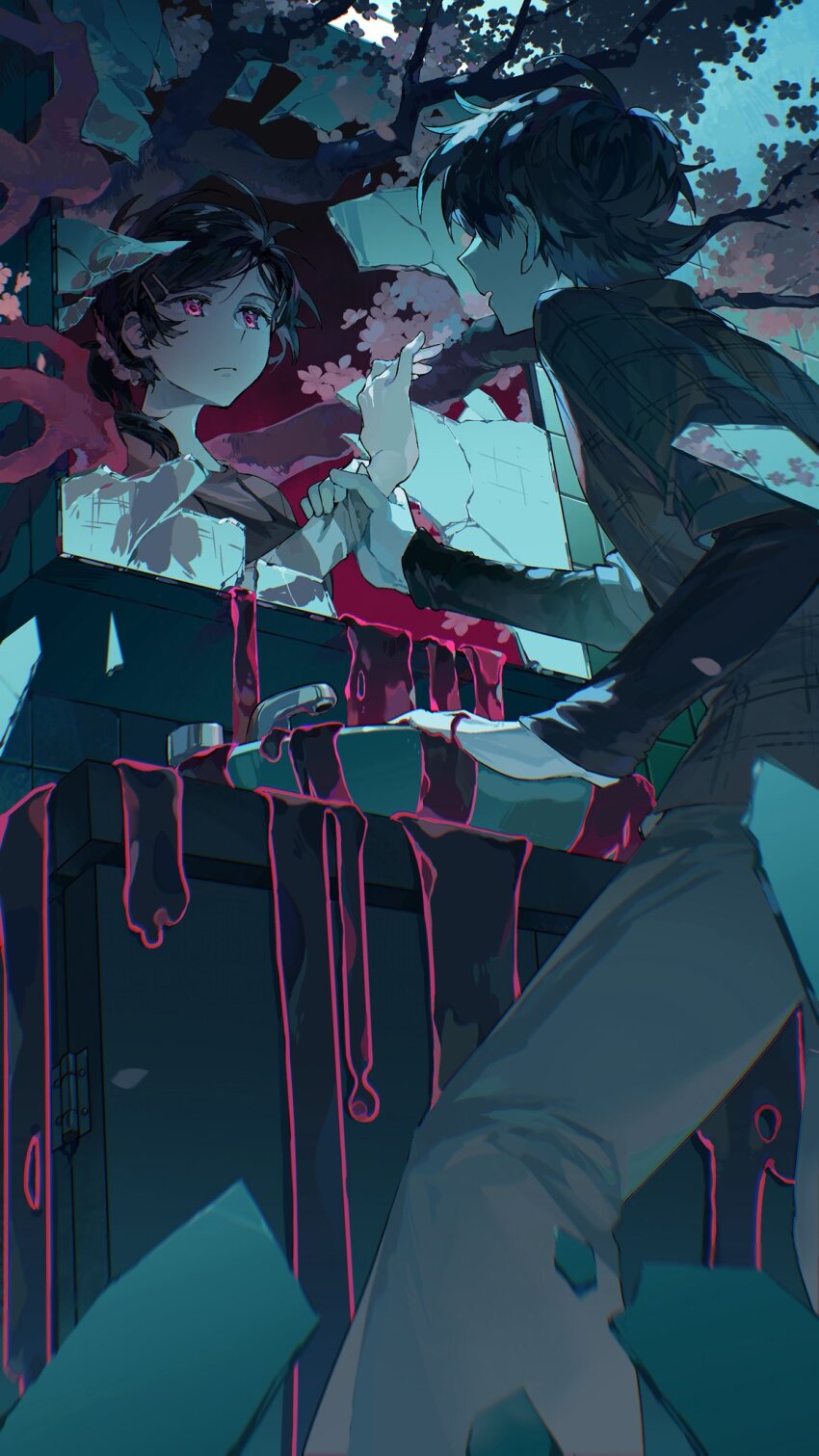 1boy 1girl andrew_graves ashley_graves basilcopperhand black_hair black_sweater broken_mirror from_below highres holding_hands looking_at_another mirror pink_eyes siblings sink sweat sweater the_coffin_of_andy_and_leyley