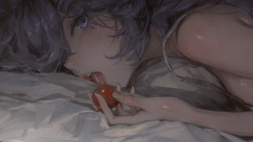 1girl bare_shoulders breasts cantarella_(wuthering_waves) cherry commentary dino_(dinoartforame) facial_mark fingernails food fruit holding holding_food holding_fruit indoors long_hair looking_at_viewer lying mark_under_eye medium_breasts on_bed on_stomach open_mouth purple_eyes purple_hair solo tacet_mark_(wuthering_waves) tongue tongue_out wuthering_waves