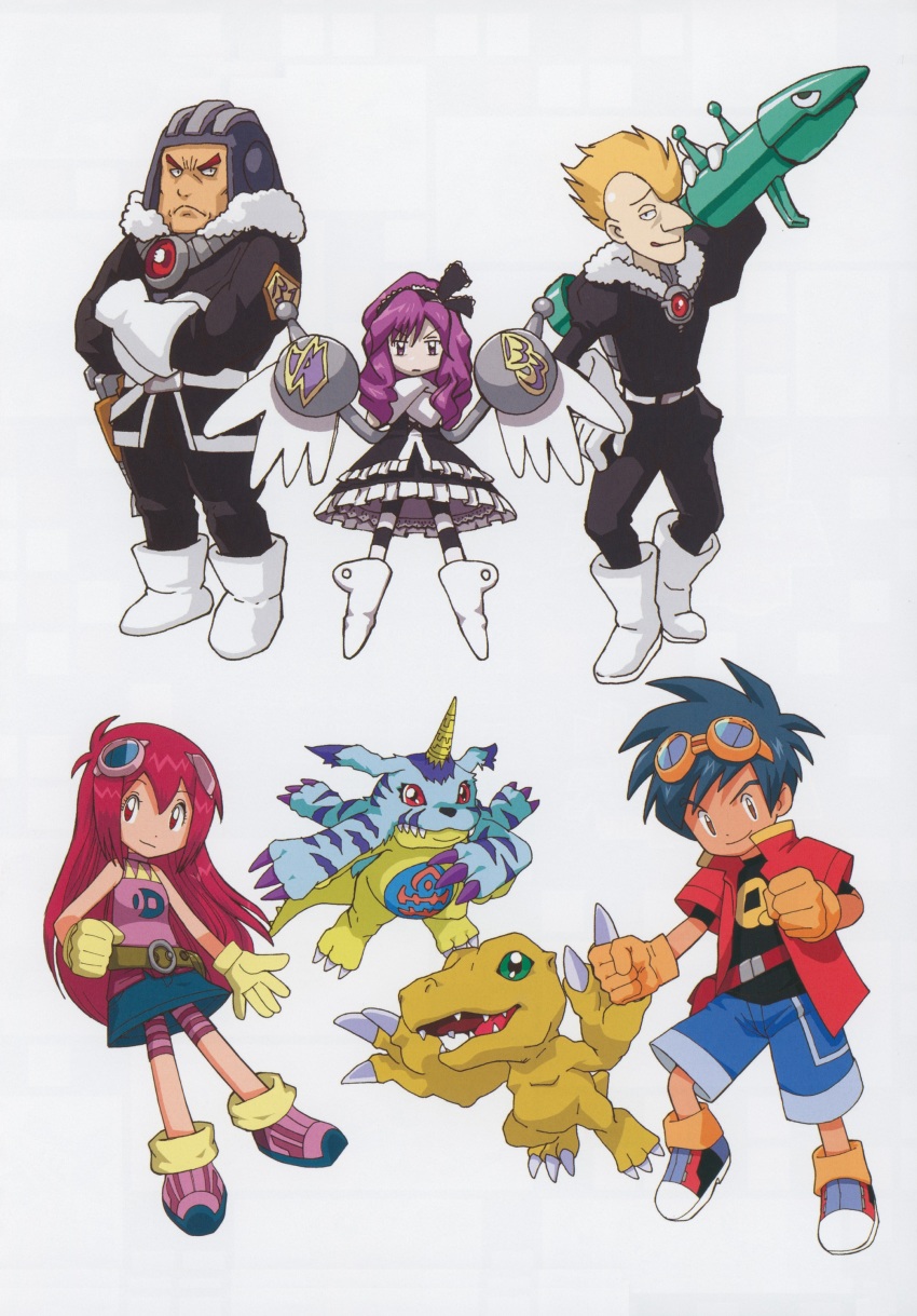 absurdres agumon digimon digimon_story:_lost_evolution dos_(digimon) gabumon goggles goggles_on_head green_eyes highres horn kizuna_(digimon) official_art red_eyes serious shu_(digimon) smile tres_(digimon) uno_(digimon)