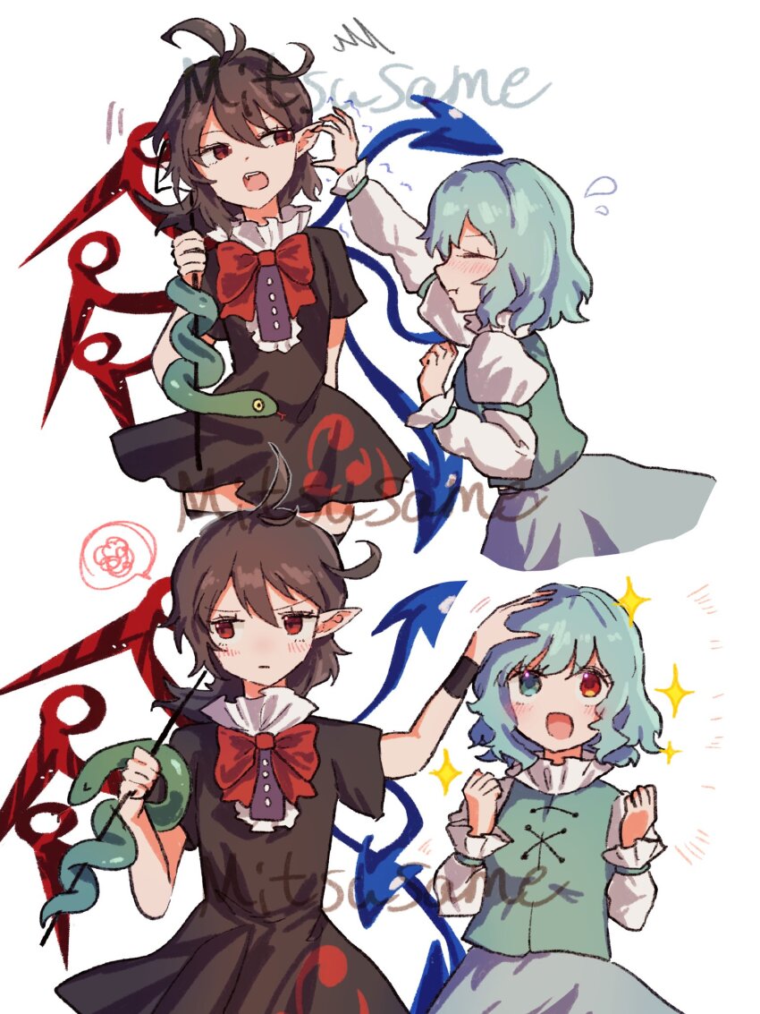 2girls artist_name asymmetrical_wings black_dress black_hair blue_eyes blue_hair blue_skirt commission dress green_vest headpat heterochromia highres houjuu_nue long_sleeves mitsusame multiple_girls open_mouth pointy_ears red_eyes short_hair short_sleeves skeb_commission skirt sparkle tatara_kogasa touhou vest white_background wings