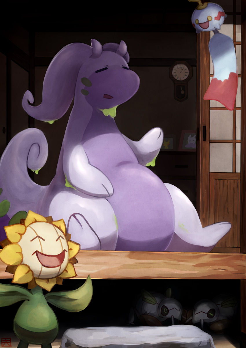absurdres analog_clock chimecho clock closed_eyes commentary english_commentary gen_1_pokemon gen_2_pokemon gen_3_pokemon gen_6_pokemon goomy highres ieaka nincada nintendo no_humans open_mouth outdoors picture_frame pikachu pokemon pokemon_(creature) rock shouji signature sitting sliding_doors summer sunflora