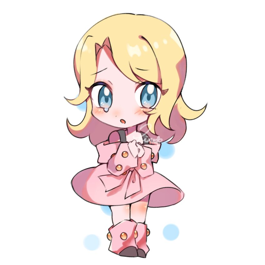 1girl :o black_boots blonde_hair blue_eyes blush boots buttons chibi commentary commentary_request dress full_body highres jojo_no_kimyou_na_bouken leg_warmers long_hair looking_at_viewer lucy_steel off_shoulder open_mouth pink_arm_warmers pink_dress pink_leg_warmers rairack777 solo steel_ball_run tears white_background