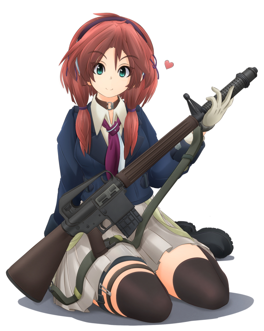 ar-10 battle_rifle collared_shirt eyes_visible_through_hair gun gun_sling highres magazine_(weapon) mikeran_(mikelan) military muzzle_device original pantyhose rifle shirt sitting thigh_strap thighhighs weapon white_background