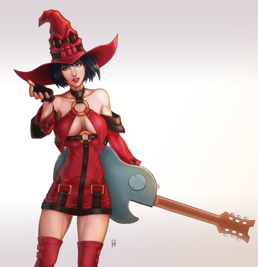 1girl artist_logo bare_shoulders black_choker black_hair boots breasts choker cleavage duesenberg_starplayer electric_guitar fingerless_gloves gloves guilty_gear guilty_gear_xx guitar hat highres i-no instrument large_breasts logo looking_at_viewer markusheinel mole mole_above_mouth o-ring o-ring_top red_boots red_hat red_lips short_hair simple_background solo thigh_boots white_background witch_hat
