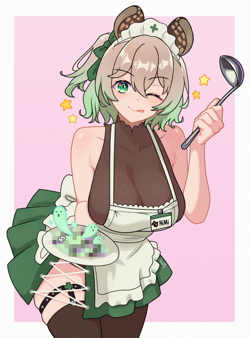 1girl ;q absurdres animal_ears apron bare_shoulders bodystocking bow breasts brown_hair censored censored_food cleavage collarbone ginotty gradient_hair green_eyes green_hair hair_bow hat highres holding holding_ladle indie_virtual_youtuber ladle large_breasts multicolored_hair name_tag naplings_(nimi_nightmare) nimi_nightmare nurse_cap one_eye_closed one_side_up skirt solo tapir_ears tapir_girl thigh_strap thighhighs tongue tongue_out virtual_youtuber zettai_ryouiki