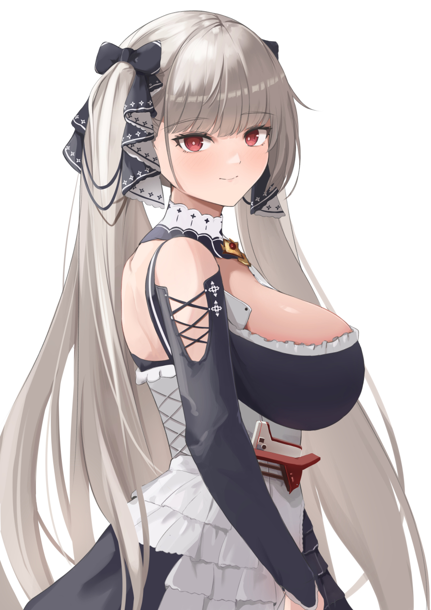1girl absurdres azur_lane black_dress bow breasts closed_mouth corset dress formidable_(azur_lane) frills from_side grey_hair hair_bow highres large_breasts long_hair looking_at_viewer red_eyes remapack77 simple_background solo twintails very_long_hair white_background