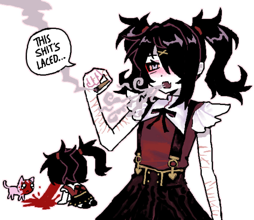 1girl ame-chan_(needy_girl_overdose) blood blood_from_mouth blood_on_face bloodshot_eyes blowing_smoke blush chibi chibi_inset colored_skin drugs hair_ornament half-closed_eyes highres holding_joint jirai_kei joint_(drug) marijuana needy_girl_overdose nose_blush pien_cat_(needy_girl_overdose) self-harm_scar skirt smoke smoking stoned sunny_sakana suspender_skirt suspenders white_background white_skin x_hair_ornament
