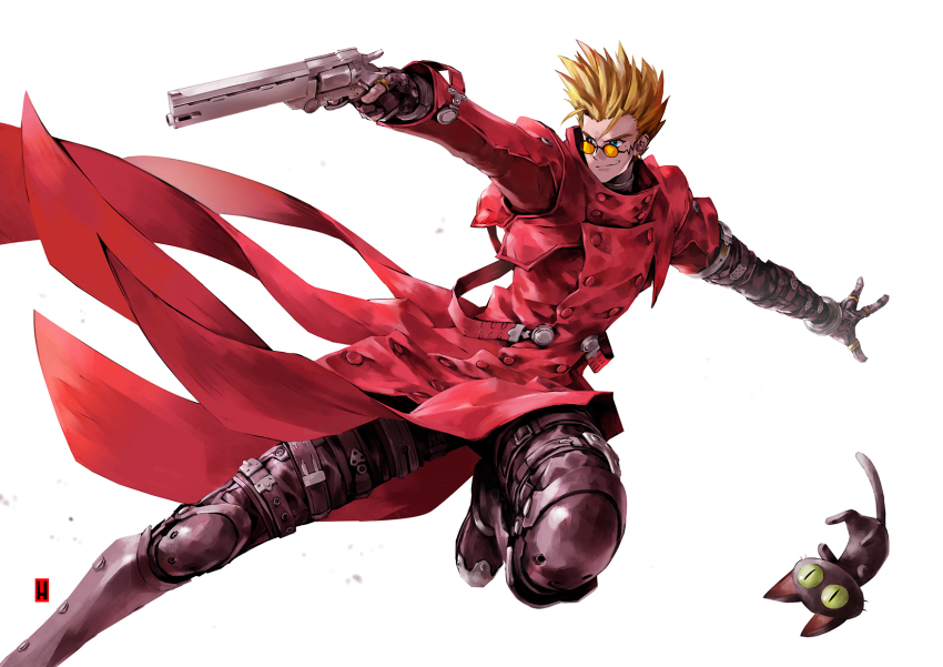 1boy agl_arms_.45_long_colt aiming aqua_eyes black_cat black_gloves black_pants blonde_hair boots break-action_revolver cat coat cowboy_shot cowboy_western earrings elbow_pads fingerless_gloves gloves grin gun handgun harymachinegun high_collar highres holding holding_gun holding_weapon jewelry knee_pads kuroneko_(trigun) leg_up long_coat looking_at_viewer low_bore_axis_revolver male_focus mechanical_arms open_hand outstretched_arms pants red_coat revolver round_eyewear science_fiction single_mechanical_arm smile spiked_hair spread_arms sunglasses tinted_eyewear torn_clothes torn_coat trigun vash_the_stampede weapon white_background