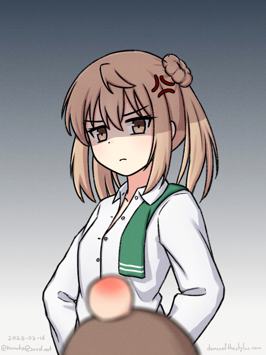2girls anger_vein arashio_(kancolle) blurry bow bowtie brown_eyes brown_hair collared_shirt depth_of_field donut_hair_bun double_bun dress_shirt grey_background hair_bun head_bump highres kantai_collection konato_k looking_at_viewer michishio_(kancolle) multiple_girls one-hour_drawing_challenge shaded_face shirt short_hair solo_focus twintails undone_bowtie upper_body white_shirt