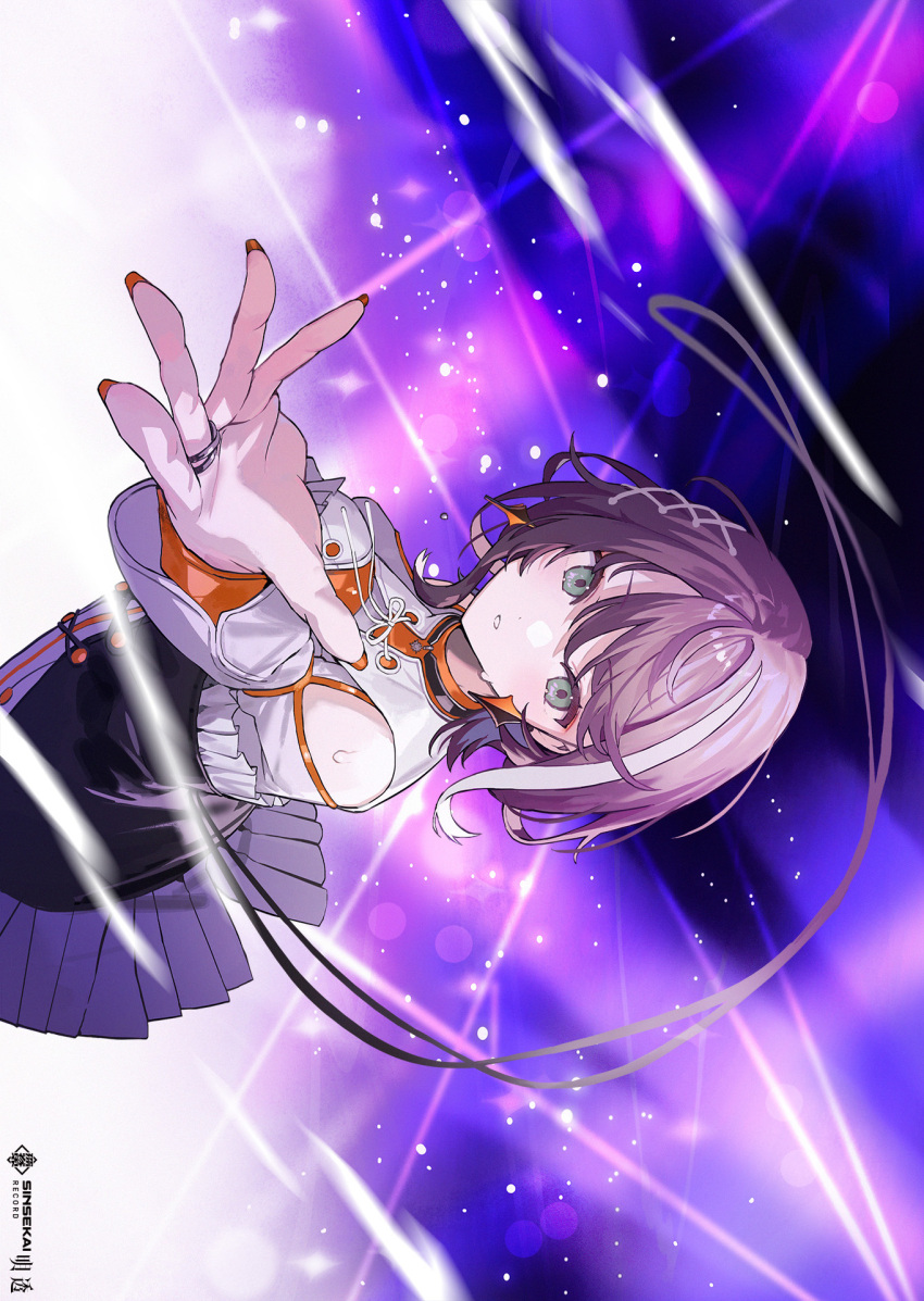1girl asu_(sinsekai) brown_hair character_name commentary_request green_eyes highres jewelry kamitsubaki_studio looking_at_viewer multicolored_hair nail_polish nana_tetra official_art orange_nails outstretched_arm outstretched_hand parted_lips reaching reaching_towards_viewer ring second-party_source short_hair sideways sinsekai_record solo streaked_hair sweat two-tone_hair white_hair