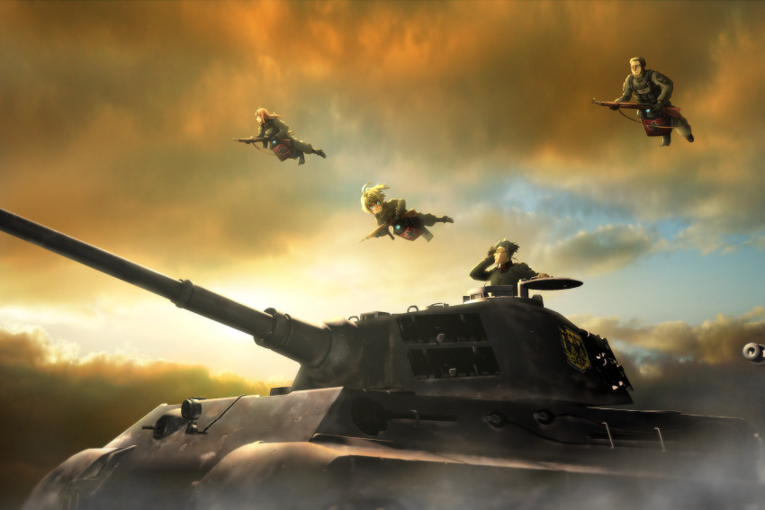 2boys 2girls backlighting blonde_hair blue_eyes brown_hair cloud erich_von_rerugen flying genya_(genya67) glasses gun highres military military_uniform military_vehicle motor_vehicle multiple_boys multiple_girls rifle sky soldier tank tanya_degurechaff tiger_ii viktoriya_ivanovna_serebryakov weapon youjo_senki