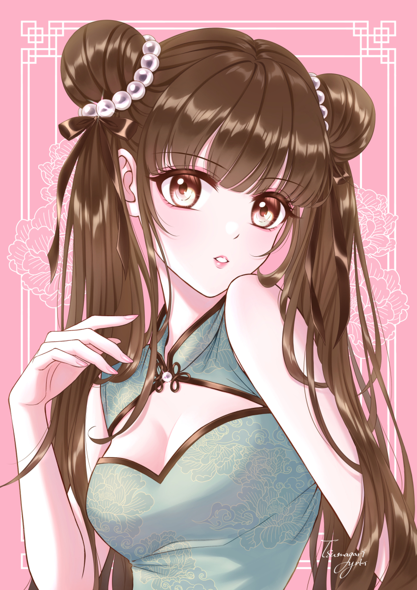 1girl breasts brown_eyes brown_hair china china_dress chinese_clothes cleavage double_bun dress floral_print gem green_dress hair_bun highres lips long_hair looking_at_viewer open_mouth original pearl_(gemstone) sidelocks small_breasts tsumagari_yuki twintails