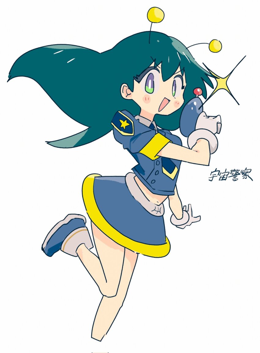 1girl ahoge blue_hair blush food full_body gloves heart highres keroro_gunsou long_hair midriff naka_(buttergirl_02) navel open_mouth poyon_(keroro_gunsou) skirt smile solo