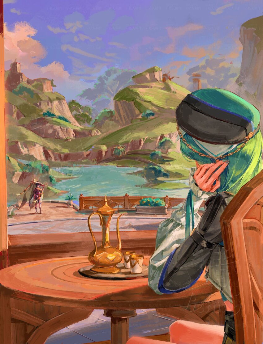 1boy 1girl beret black_hat black_sleeves blue_sky blunt_ends chain chair cloud cloudy_sky cup elbow_on_table elbow_rest facing_another genshin_impact gold_chain green_hair green_hat green_nails grey_veil hand_in_own_hair hat hat_chain highres kettle lic_617 long_sleeves middle_eastern_architecture mountain oc_x_canon original plant potted_plant purple_hair riverbank saucer scaramouche_(genshin_impact) short_hair sitting sky standing sumeru_city table tilted_headwear tree two-tone_hat two-tone_sleeves veil watermark white_sleeves wooden_chair wooden_table